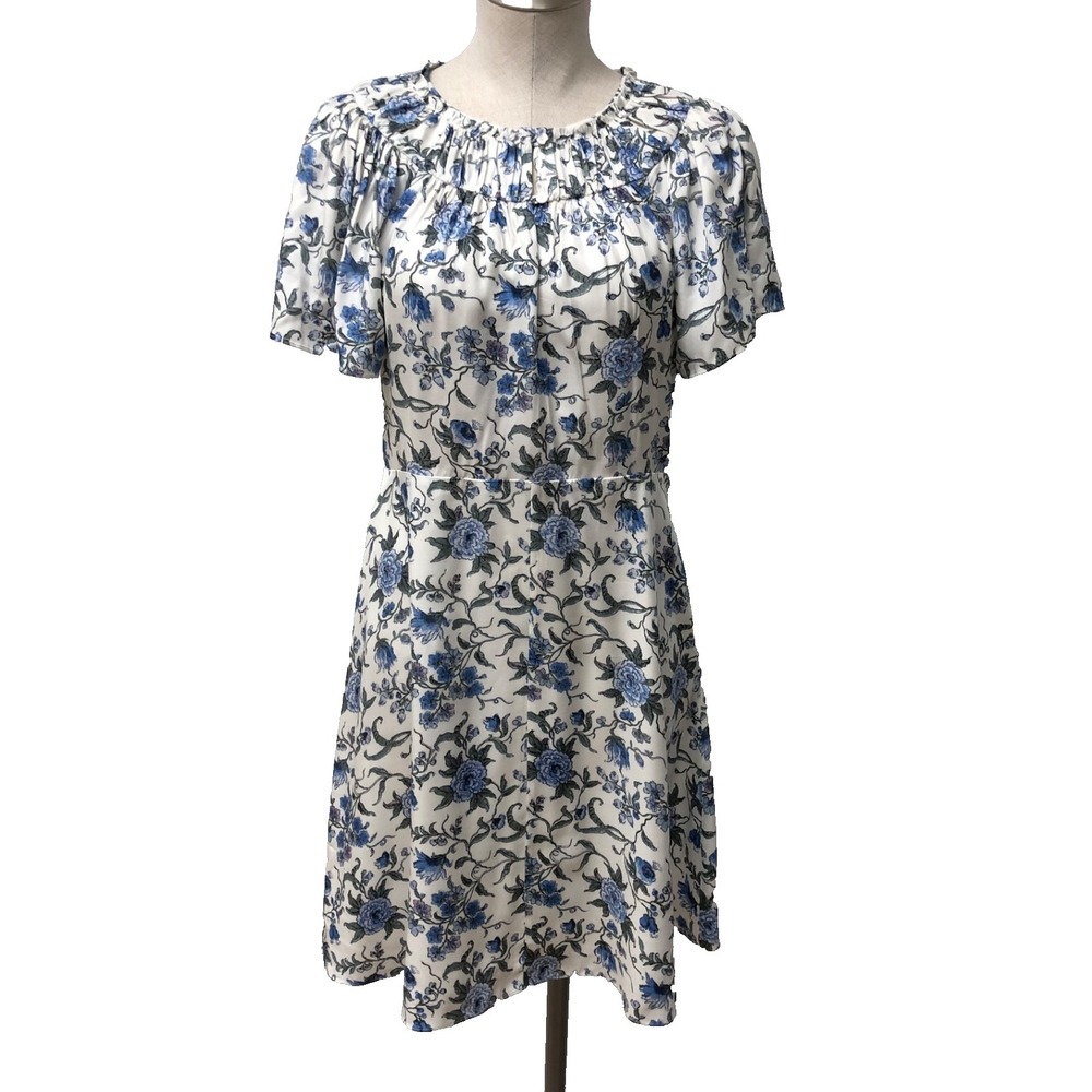 Rebecca Taylor Silk A Line Dress‎ Womens 4 Blue Floral Flare Sleeve Coquette